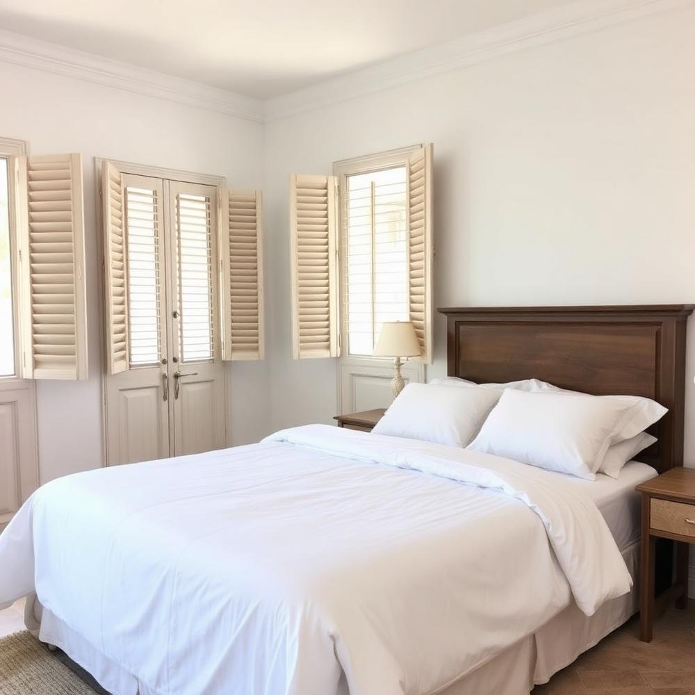 Slaapkamer met tweepersoonsbed en houten luiken