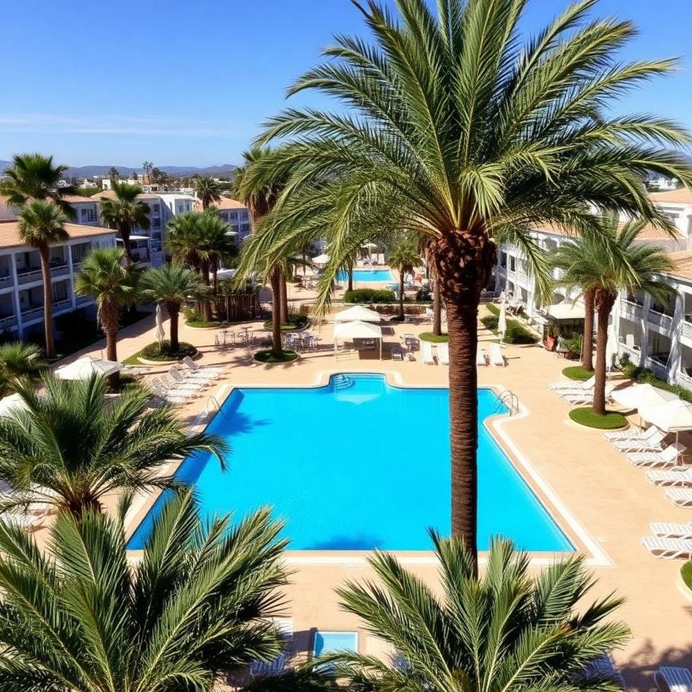 Zwembad van Clube Albufeira omringd door palmbomen